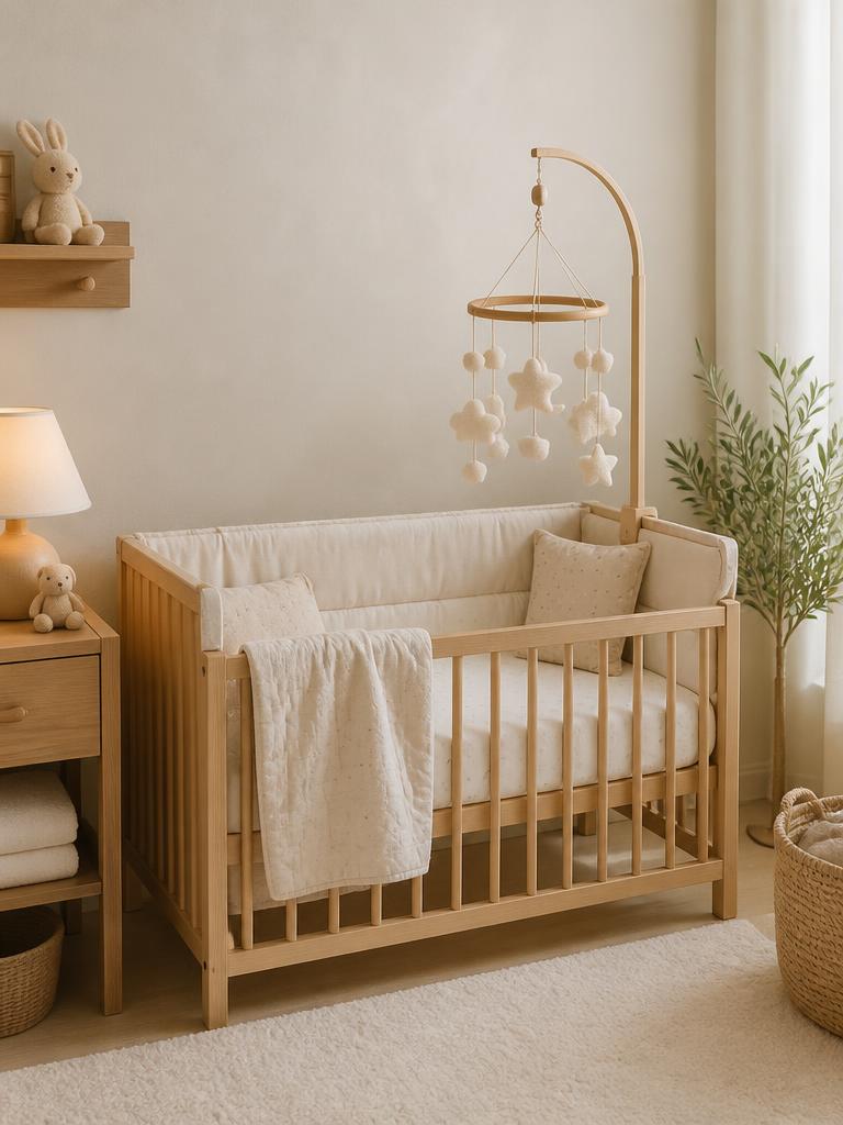 Berço de madeira com roupa de cama clara e móbile