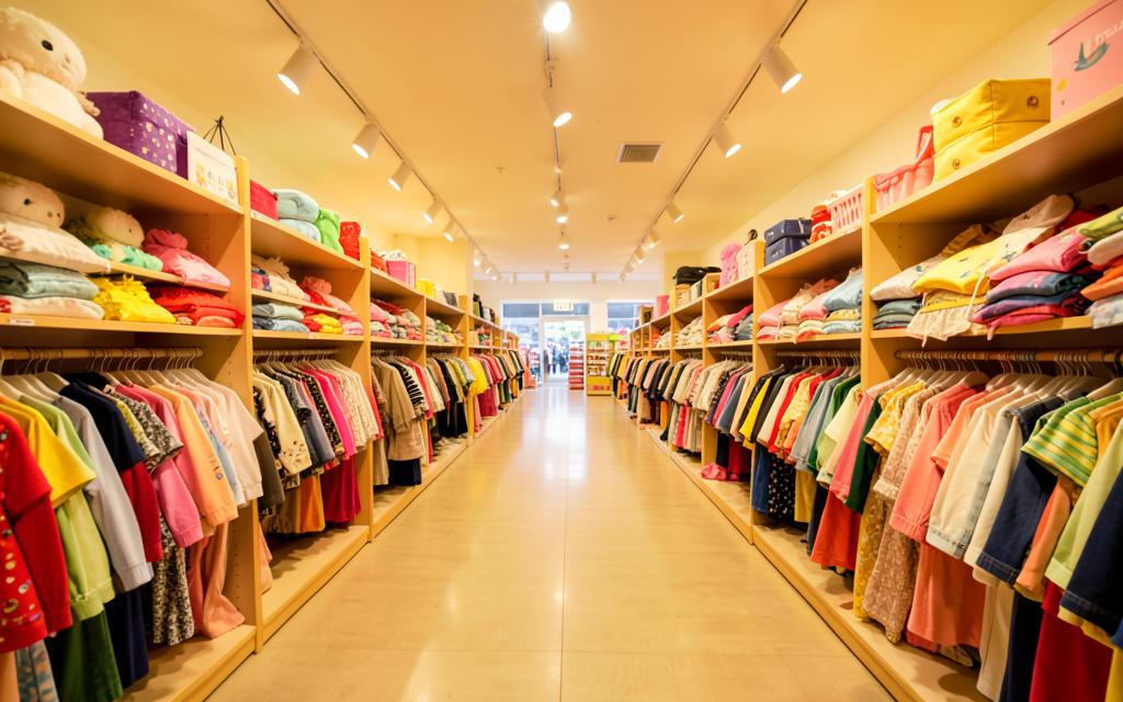 Interior de uma unidade da Loja do Ted, com araras de roupa infantil